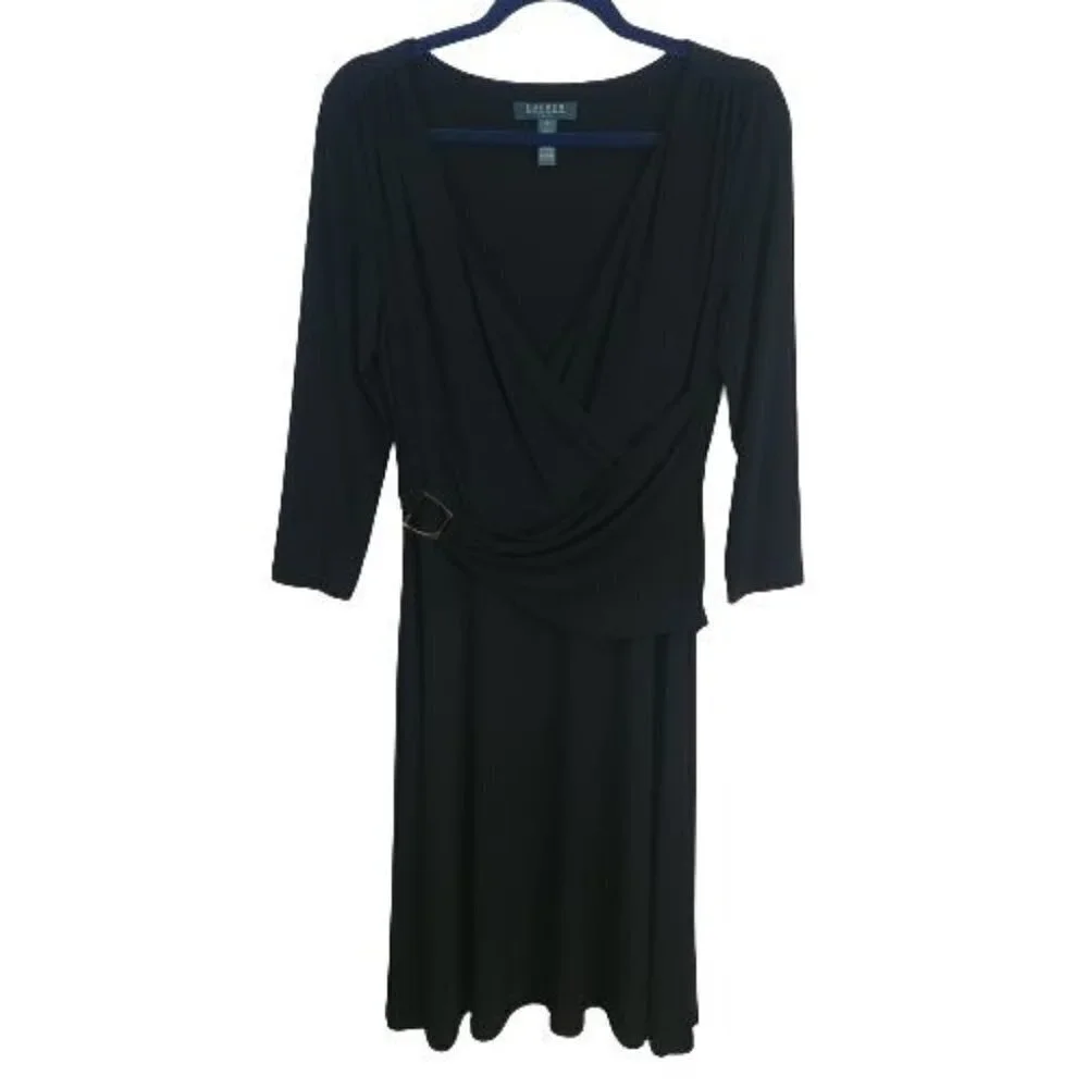 Lauren Ralph Lauren Classic Black Faux Wrap Buckle Waist Midi Dress Size 10